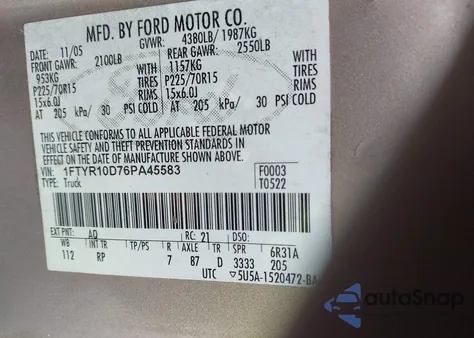 2006 Ford Ranger Xl/Xlt z USA, uszkodzony, nr VIN 1FTYR10D76PA45583